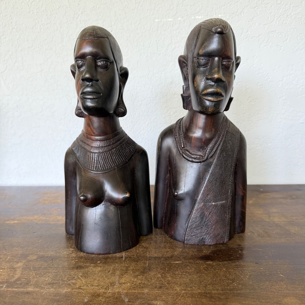 Vintage Kenyan Hand Carved Wood African‎ Bust Bookends Male Female Pair MCM